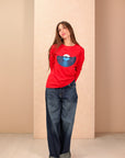 Long Sleeves Red Printed Oversize T-Shirt