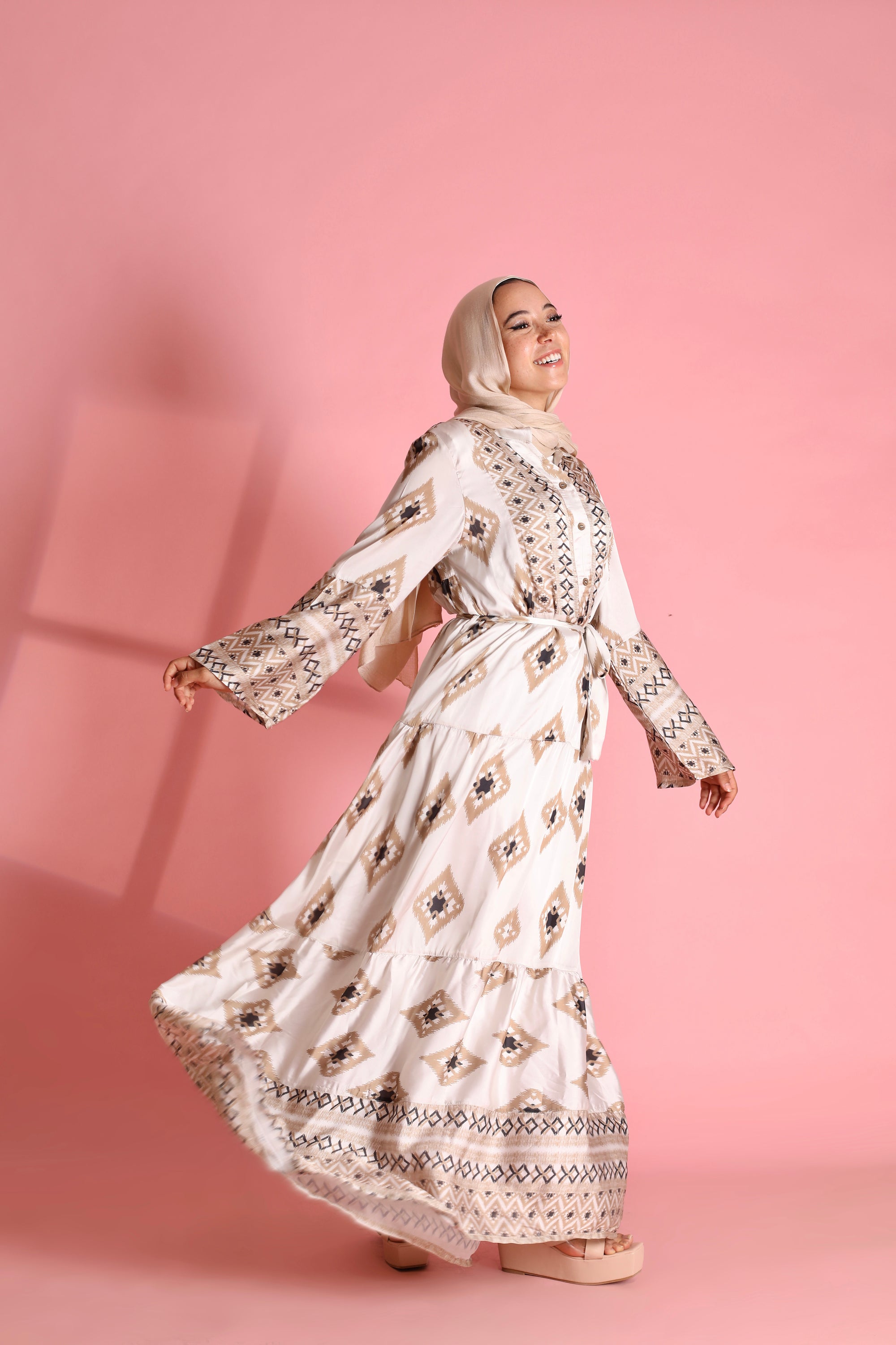 Printed Satin Dress With Belt