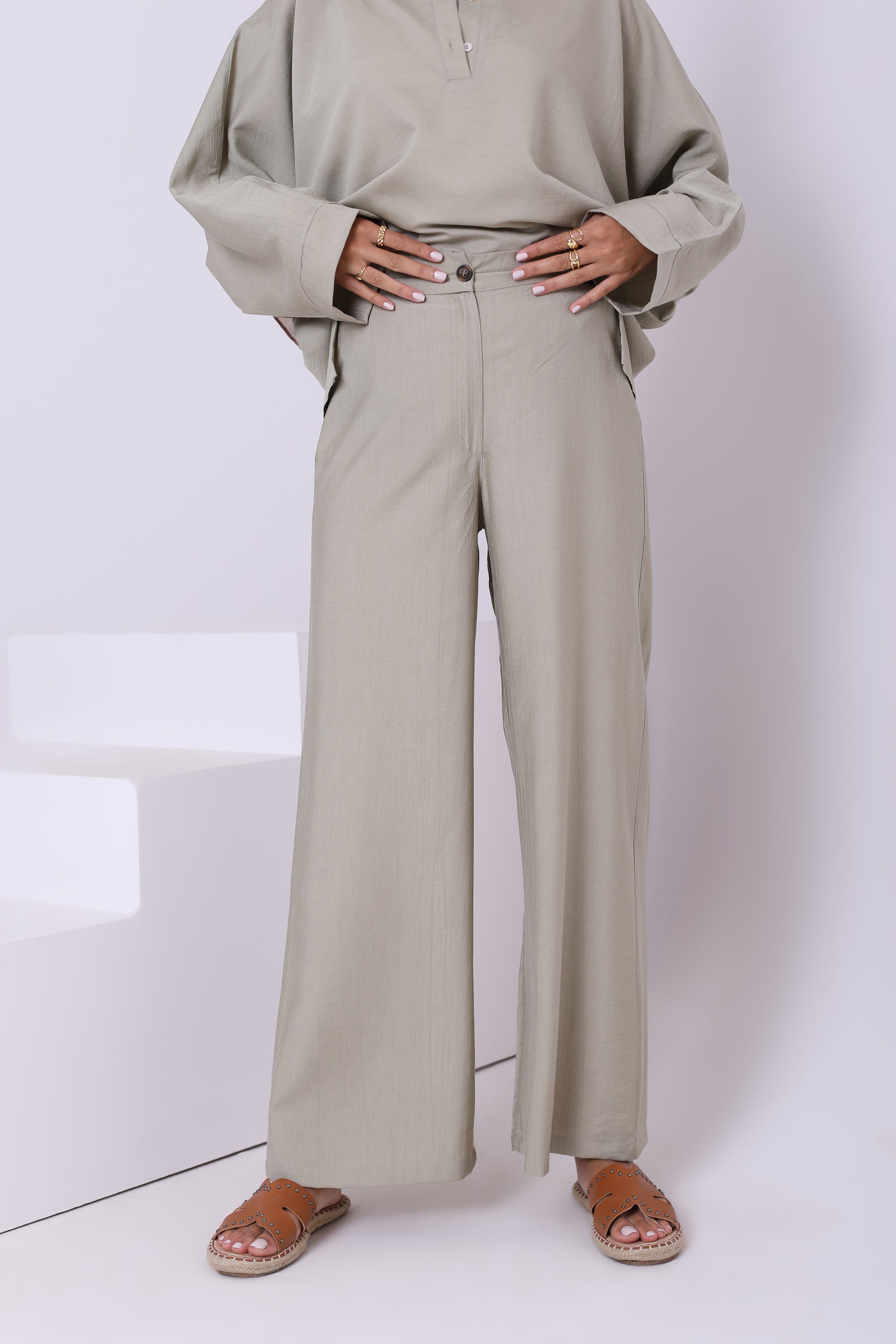 Linen Blend Pants With Button