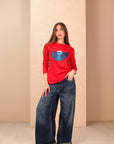 Long Sleeves Red Printed Oversize T-Shirt